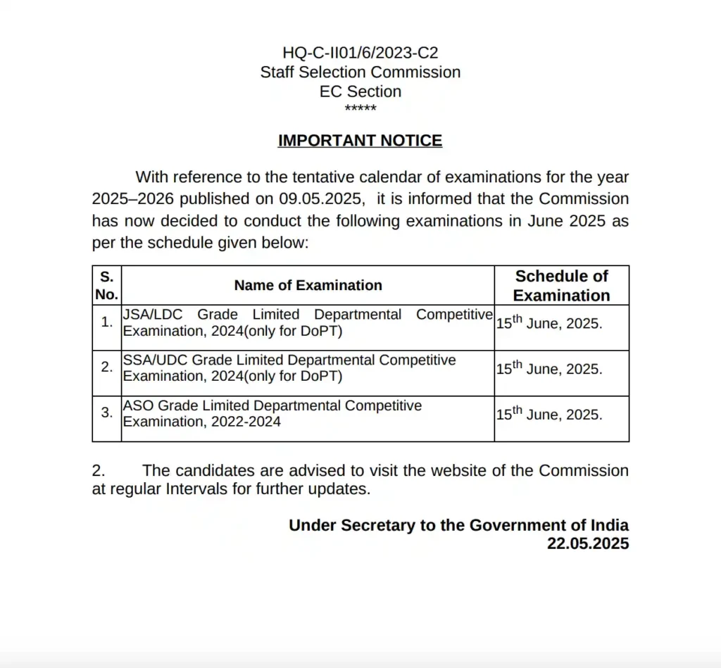SSC Exam Calendar 2025